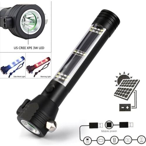 Portable Solar Powered LED Flashlight Safety Hammer Torch Light With Power Bank Magnet Survival Emergency Light