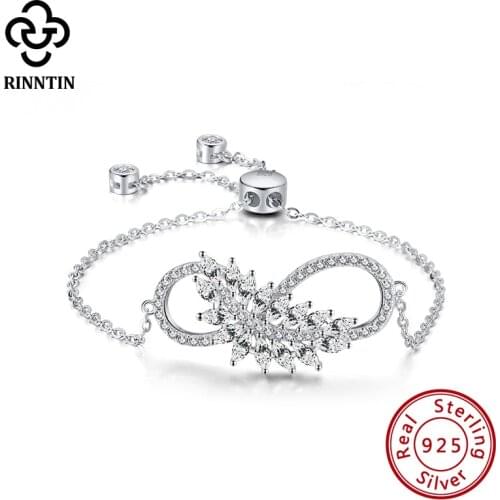 Rinntin Feather Charm Bracelets For Women AAAA Cubic Zirconia 925 Silver Jewelry Valentines Day Gifts Women Fashion Jewelry SB96
