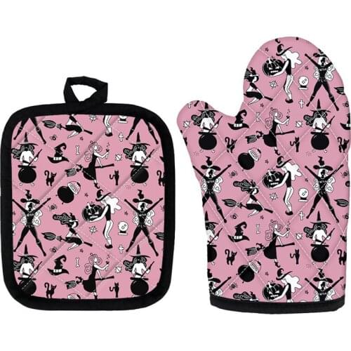 Cute Pink Microwave Oven Gloves Heat Resistant Tools Cartoon Halloween Girls Printed Kitchen 2pcs Mittens and Pad for Baking