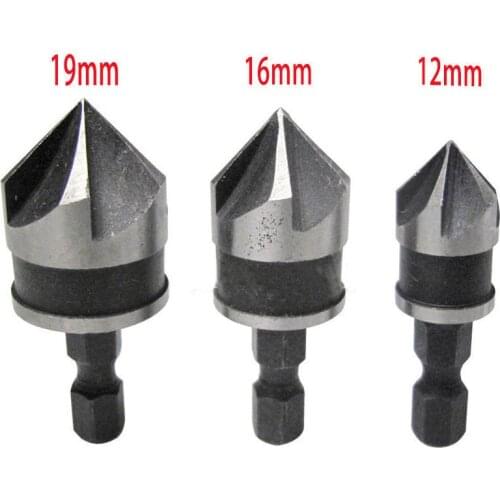 90 Degree 1/4 Hex Shank Drill Bit 3pcs/set 5 Flute 12mm 16mm 19mm Woodworking Chamfer Counter Sink Chamfering Debur Countersink