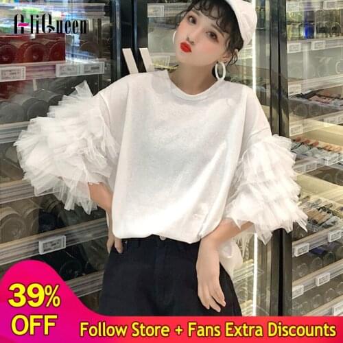 2019 Summer Korean Mesh Ruffles Patchwork Women T Shirt Loose Sweety Puff Half Sleeve White Tops Casual Long T-Shirts Female Tee