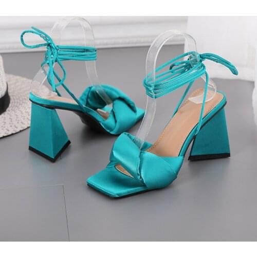 2021 New Women Sandals Sexy Summer Shoes Gladiator Chunky High Heels Bandage Lace-Up Pumps Square Toe Ladies Party Shoes 35-42