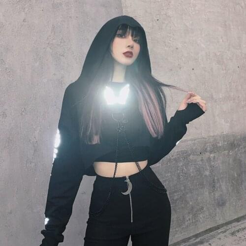 H&JACKY Gothic Black Streetwear Hooded Hoodies Reflective Print Women Metal Chain Cropped Top Pullovers Harajuku Punk Sweatshirt