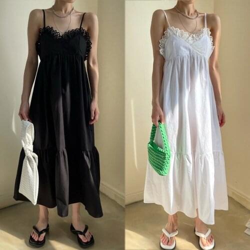 2021 South Korea chic summer lace Mosaic back sexy simple personality charming charming suspenders dress woman