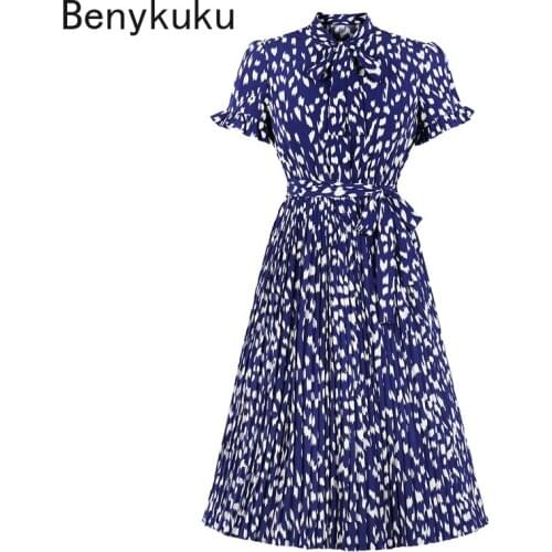 Tie Neck Vintage Print Pleated Dress Elegant Button Up Women High Waist Midi Dress Casual Ruffles Short Sleeve Belted Dresses