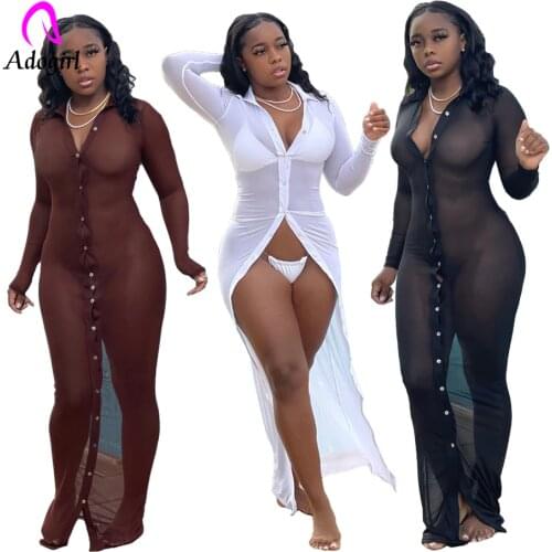 See Through Women Long Maxi Dress Solid White Button Up Shirts Dresses 2021 Autumn Evening Dress Sexy Night Club Party Vestidos