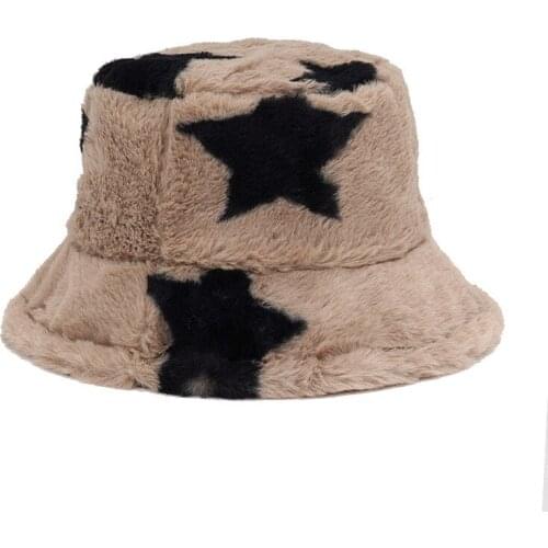 2021 Winter Bucket-Hats Star Printed Fluffy Fur Men Women Panama Hat Fashion Warm Fisherman Cap Outdoor