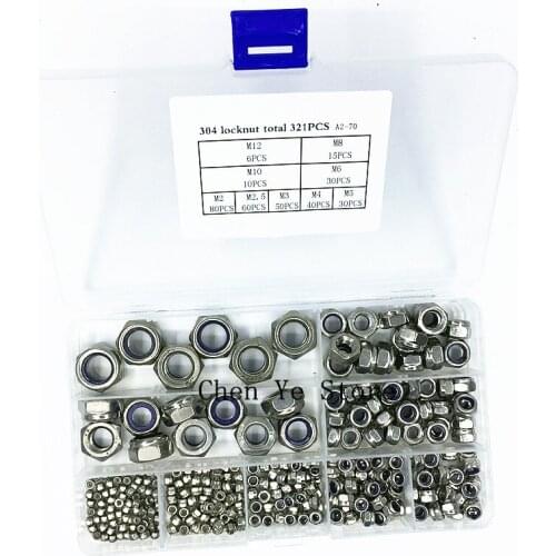 Free Shipping321pcs Nylon Lock Nut304 Stainless Steel M2 M2.5 M3 M4 M5 M6 M8 M10 M12 Hex Hexagon Self locking Nut Assortment Kit