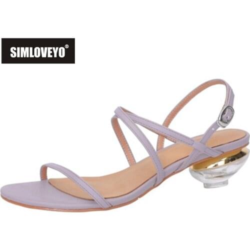 SIMLOVEYO 2021 New Summer Sandals Open Toe 4cm High Crystal Strange Heels Ankle-Wrap Slingbacks Narrow Band Ladies Shoes Purple
