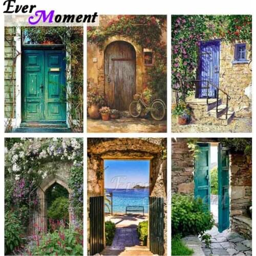 Ever Moment Diamond Painting Door Plant Sea Scenic Diamond Embroidery Full Square Drills Resin Mosaic Home Art Craft ASF2086