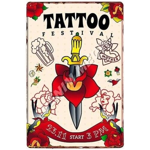 Classic Tattoo Studio Metal Tin Sign Vintage Wall Art Painting Plaque Tattoo Shop Antique Room Decoration Parlor Home Decor WY86