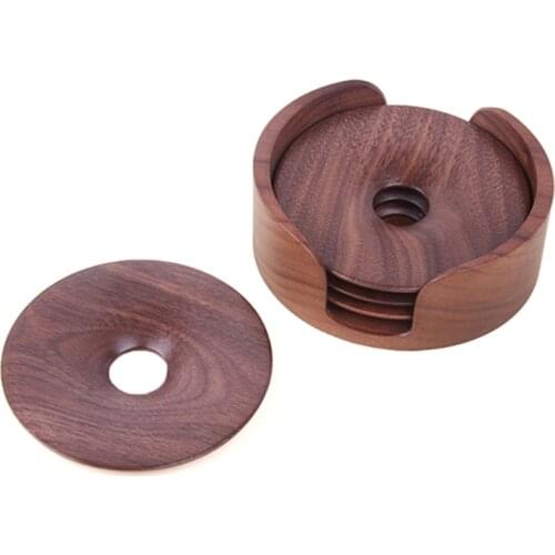 Classic 4Pcs Natural Wooden Round Coaster with Holder Storage Rack Heat-Resistant Placemats Drinks Mat Waterproof Non-Slip