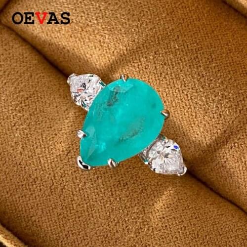 OEVAS 100% 925 Sterling Silver 10*14mm Water Drop Synthesis Paraiba Tourmaline High Carbon Diamond Ring Women Party Fine Jewelry