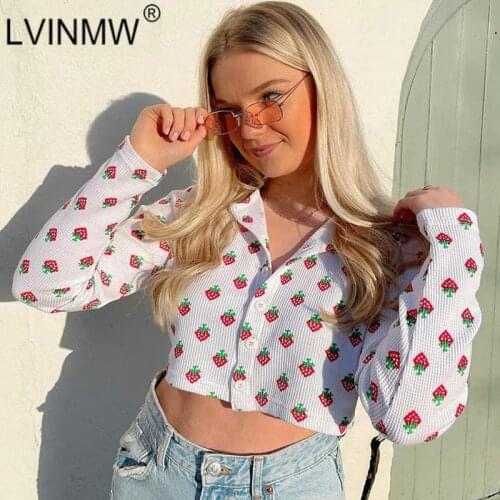 LVINMW Tee Sweet Loose Stylish Strawberry Long Sleeve Top Printing Casual Cute Single Breasted Girls Tops Navel Lapel Streetwear