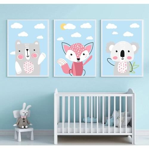 Little Bear Zebra Fox Hare Koala Cartoon Poster Cute Style Wall Art Minimalist Print Canvas Painting Baby Room Decoration