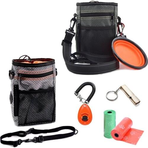 Multifunctional Snack Treat Pouch With Poop Bag Dispenser Pocket Poop Bags Foldable Bowl, Clicker, Whistle Pet Training Set