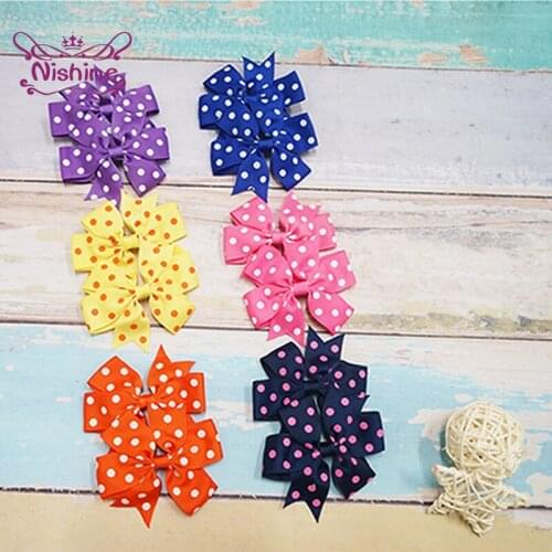 Nishine 8*8 CM Fashion Wave Point Bowknot Toddler Hair Clips Cute Ribbon Bows Bangs Hairpins Baby Girls Headwear Christmas Gifts