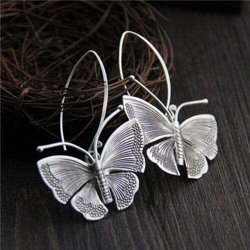2018 New Thai Silver Butterfly Old Silver Color Brincos Drop Earrings For Women Lady Fashion Classic Jewelry Gifts Free Shipping