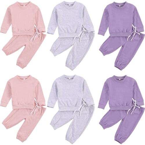 2020 1-5Y Kids Baby Girl Boy Fall Clothing Solid Color Long Sleeve T-shirt Top+Long Pants Casual Tracksuit Set 2pcs