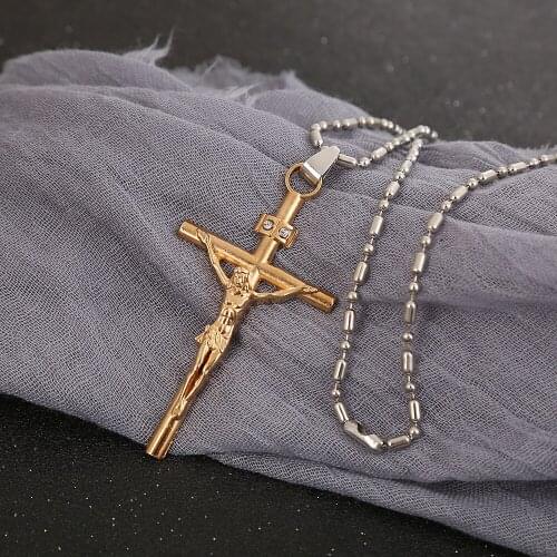 Htzzy New 3.3*5.8CM Pendant Necklace for Men Vintage Gold Crystal Jesus Cross Necklace Fashion Jewelry with 60 Cm Chain