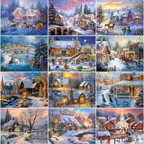 PDMDOG 5D Diamond Embroidery House Diamond Painting Full Drill Square Town Picture Of Rhinestones Mosaic Scenic Home Decor