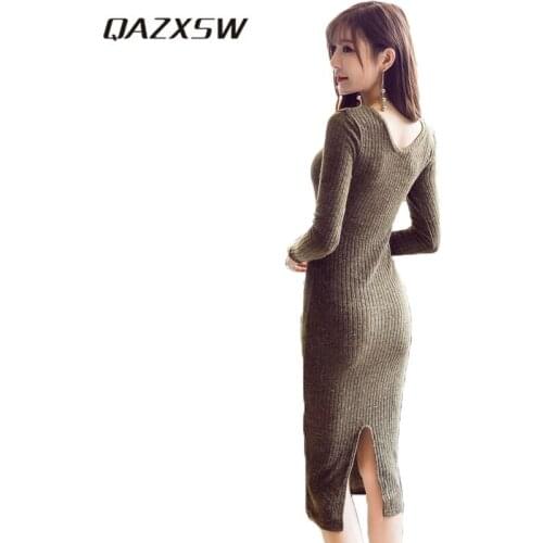 QAZXSW 2019 Casual Autumn Winter Knitted Dress Women Woolen Dress Large Size Ladies Party Dresses Vestidos Slipt Pullover HB515