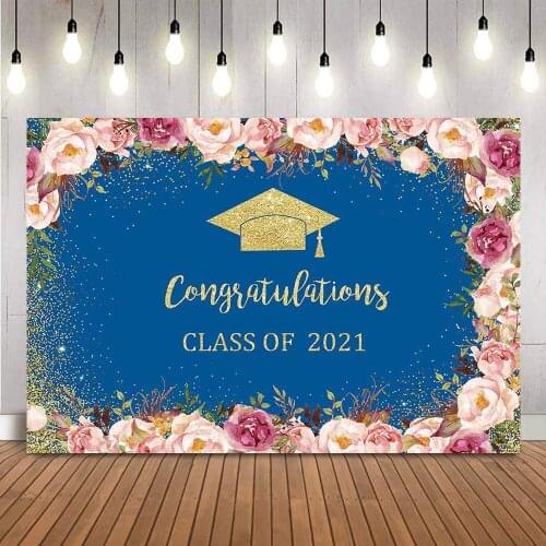 Congratulations Graduation Birthday Backdrop Gold Glitter Class of 2021 Floral Photo Booth Background Studio Blue Jazz Hats Prop