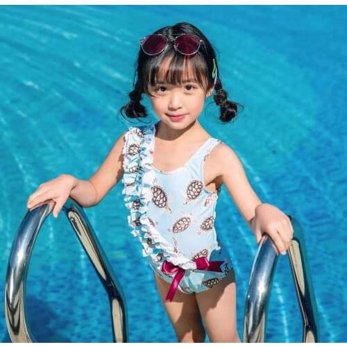 Laciness Bow Tie Swimsuit One Piece Beauty Girl swim suit For Travel Beach Batching Suit With Hat 2-12 Years
