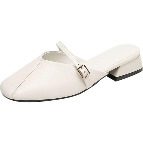 Grain Leather Fluffy Muller Lazy Sandals Shoes Fashion Square Toe Women Slippers Size 35-43