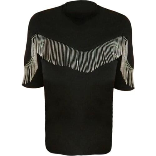 Metal chain tassel T-shirt women short-sleeved 2020 autumn new self-cultivation stand-up stretch top tees