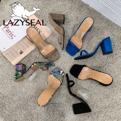 LazySeal 8cm High Square Heels Summer Slides Women Slippers For Ladies Shoes Woman Snake Pattern Women Shoes For Women