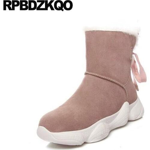 Shoes pink fur genuine leather booties short suede harajuku winter snow boots women ankle creepers platform flatform muffin bow