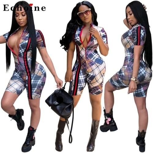 Women Sexy Bodycon Jumpsuits Fashion Digital Plaid Printed Playsuit Side Stripe Overalls Color Block Patchwork Ladies Rompers