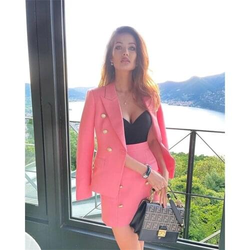 2021 New Fashion Gold Double Breasted Buttons Blazers Pencil Skirts Slim Two Pieces Sets High Quality Pink Skirt Blazer Suits