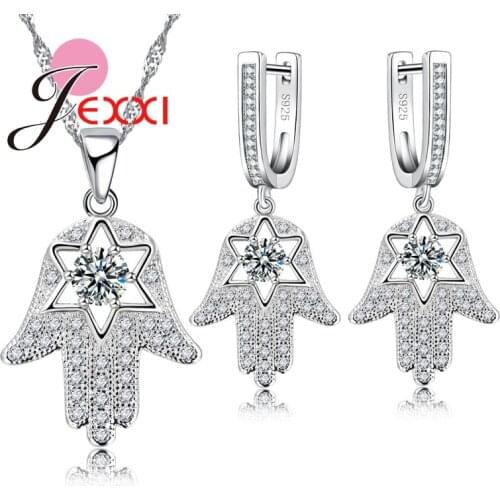 CZ Crystal Hand Shape Hollow Star Pendant Necklace Earring Set For Women 925 Sterling Silver Fashion Jewelry Hot Sale
