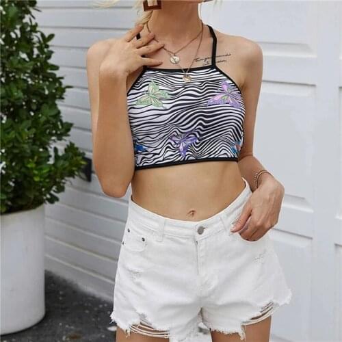 Sexy Women Tube Top Cropped Clubwear Summer Sleeveless Halter Butterfly Print Striped Bodycon Tank Backless Vest 2021