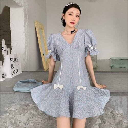 Women Purple Dress Bow Ruffles V-Neck Short Sleeve Loose Fit Female Fashion Tide Spring Autumn 2021 New Arrivals Z517