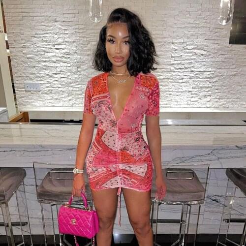 DISEYAR Sexy Pink Bandana Print Mesh Dresses Women See Through Drawstring Bandage Deep V-Neck Short Sleeve Bodycon Skinny Outfit