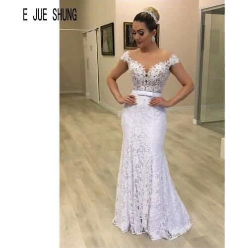 E JUE SHUNG Sexy Dubai Mermaid Wedding Dresses Short Sleeves Sheer Scoop Neck Illusion Back Lace Bridal Gowns vestido de noiva