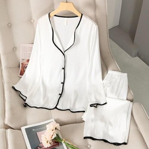 2PCS Lce Silk Pajamas Sets Spring New Womens V-Neck Pyjamas Long Sleeve Sleepwear Sleep Pants Suit Casual Home Wear Nightwear
