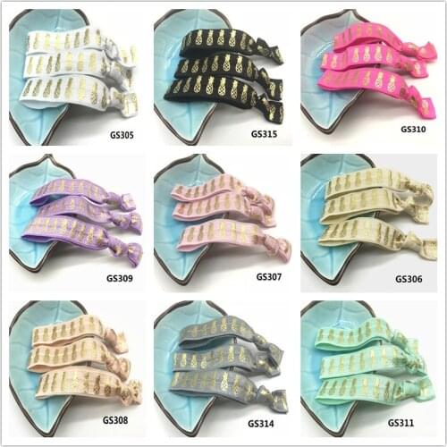 12 Colors 40pcs 5/8" Pineapple Print Gold Foil Fold Over Elastic Hair Band Hair Tie FOE Elastic Band Ponytail Holder Bracelet