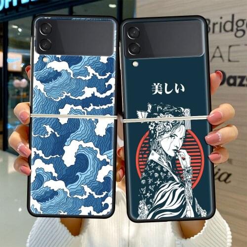 Black Hard Case For Samsung Galaxy Z Flip 3 5G Luxury PC Shockproof Phone Cover ZFlip 3 Bumper Fundas Japanese Style Art Japan