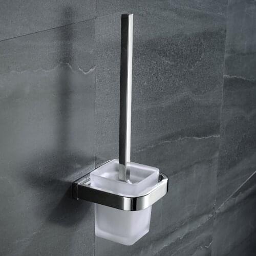Chrome Square Wall Mounted Toilet Brush Holder with Glass Cup Toilet Cleaning Brush Toilet Polished WC Brush Holder