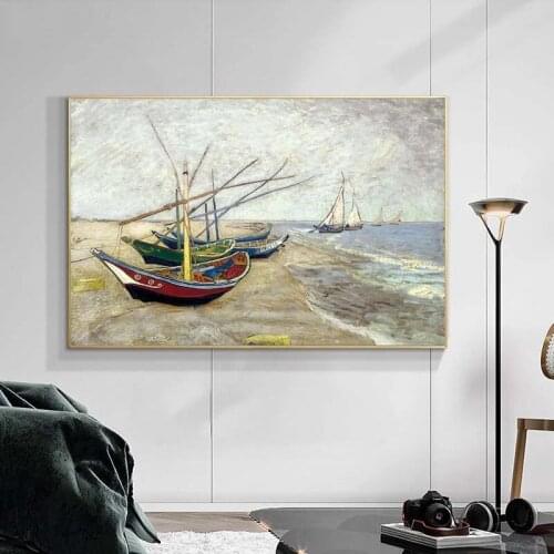 Van Gogh Fishing Boats on the Beach at Saintes-Maries Wall Art Canvas Painting Impressionist Famous Canvas Art Prints Home Decor