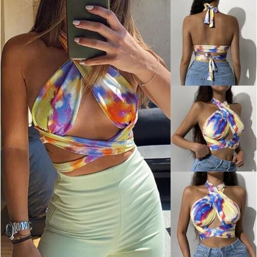Fashion Tie-dye Printed Crossover Camisole Womens Vest Sexy Cross Hollow Exposed Navel Bandage Halter Tops