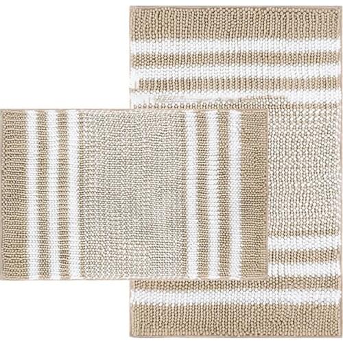 Bathroom Rugs Set 2 Piece, Extra Soft and Absorbent Fluffy Striped Chenille Bath Mat Rug Set
