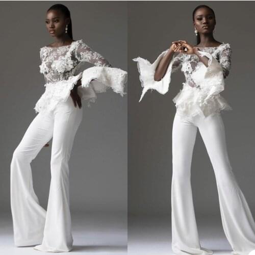 2 Pcs Bridal Prom Dresses Custom Made Long Sleeve See Thru 3D Flower Appliques Formal Party Dress Women Pant Suits