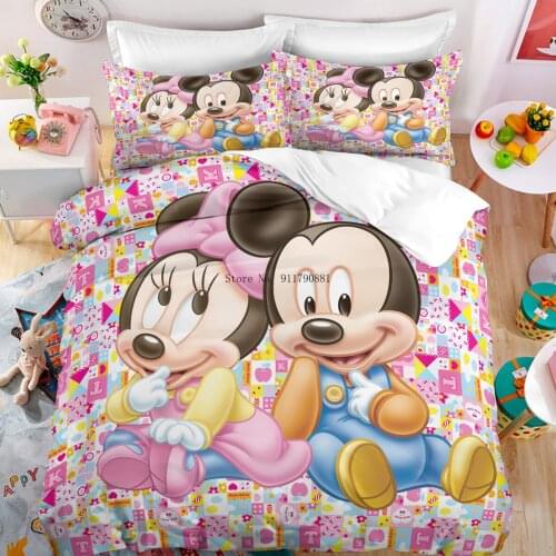 Disney 3D Color Print Cute Minnie Mickey Mouse Print Bedding Duvet Quilt Cover Pillowcase Childrens Home Textiles Bedroom Decor