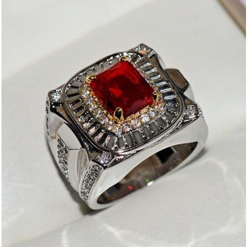Luxury Square Red Zircon Men Rings Fashion Geometry Crystal Silver Color Party Jewelry Hip Hop Rock Finger Ring for Women