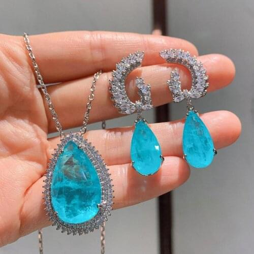 Luxury Paraiba Tourmaline Blue Stone Aquamarine Diamond Angels Wing Drop Earrings Womens Pendant Necklace Wedding Jewelry Sets